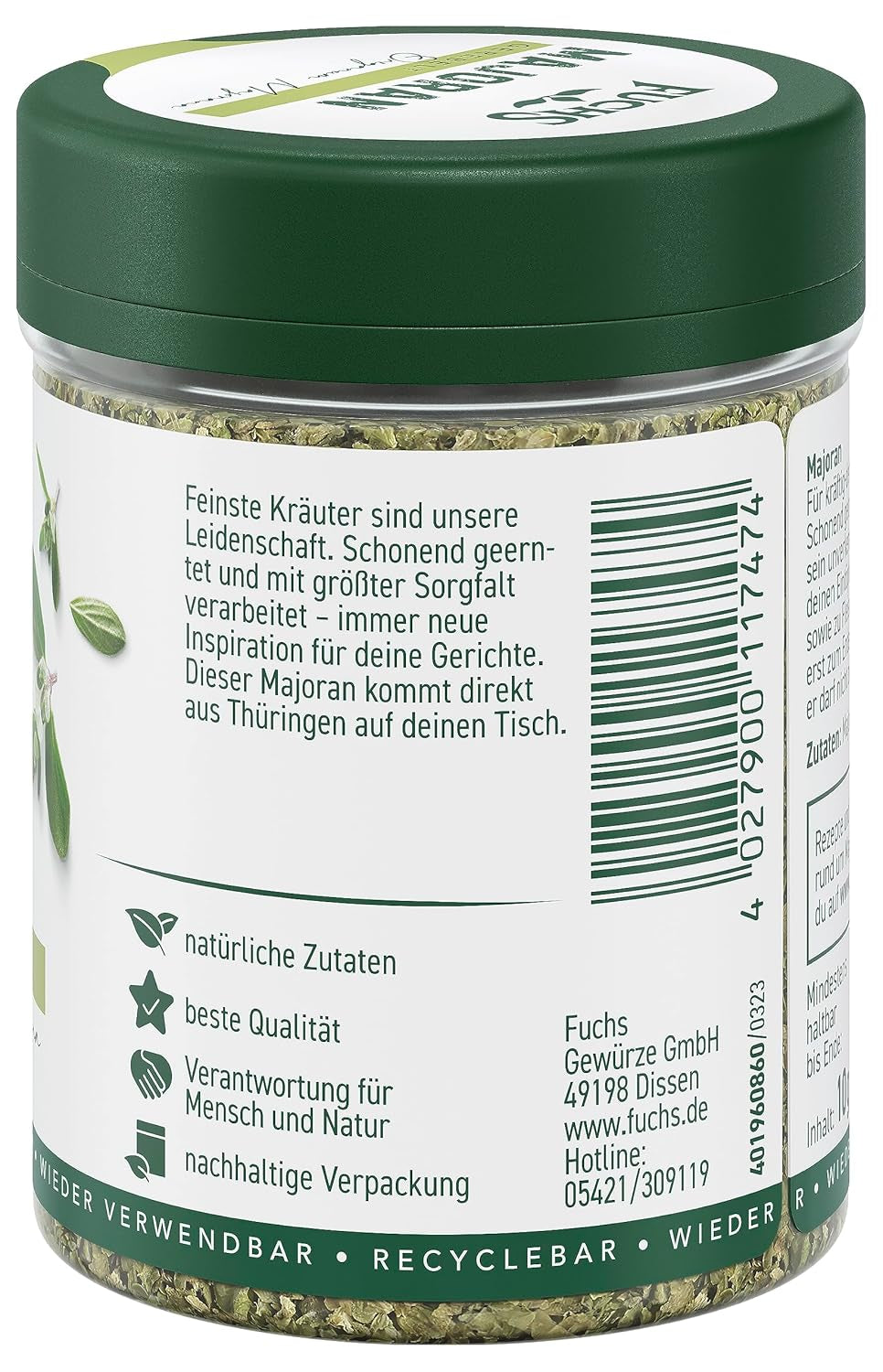 Fuchs Gewürze - Marjolaine gerebelt - zum Würzen von Kartoffelgerichten, Fleischgerichten oder Eintöpfen - ingrédients naturels - 10 g dans une dose wiederverwendbarer, recyclebarer