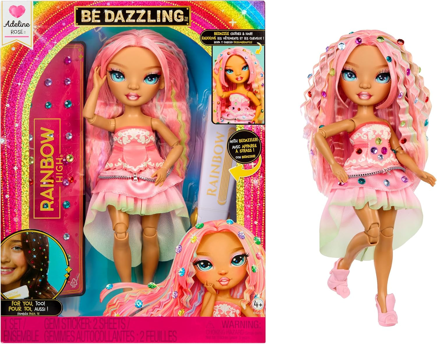 Rainbow High Be Dazzling - Adeline Rose - Poupée mannequin rose de 28 cm avec outil de décoration, pierres précieuses scintillantes et accessoires de coiffure