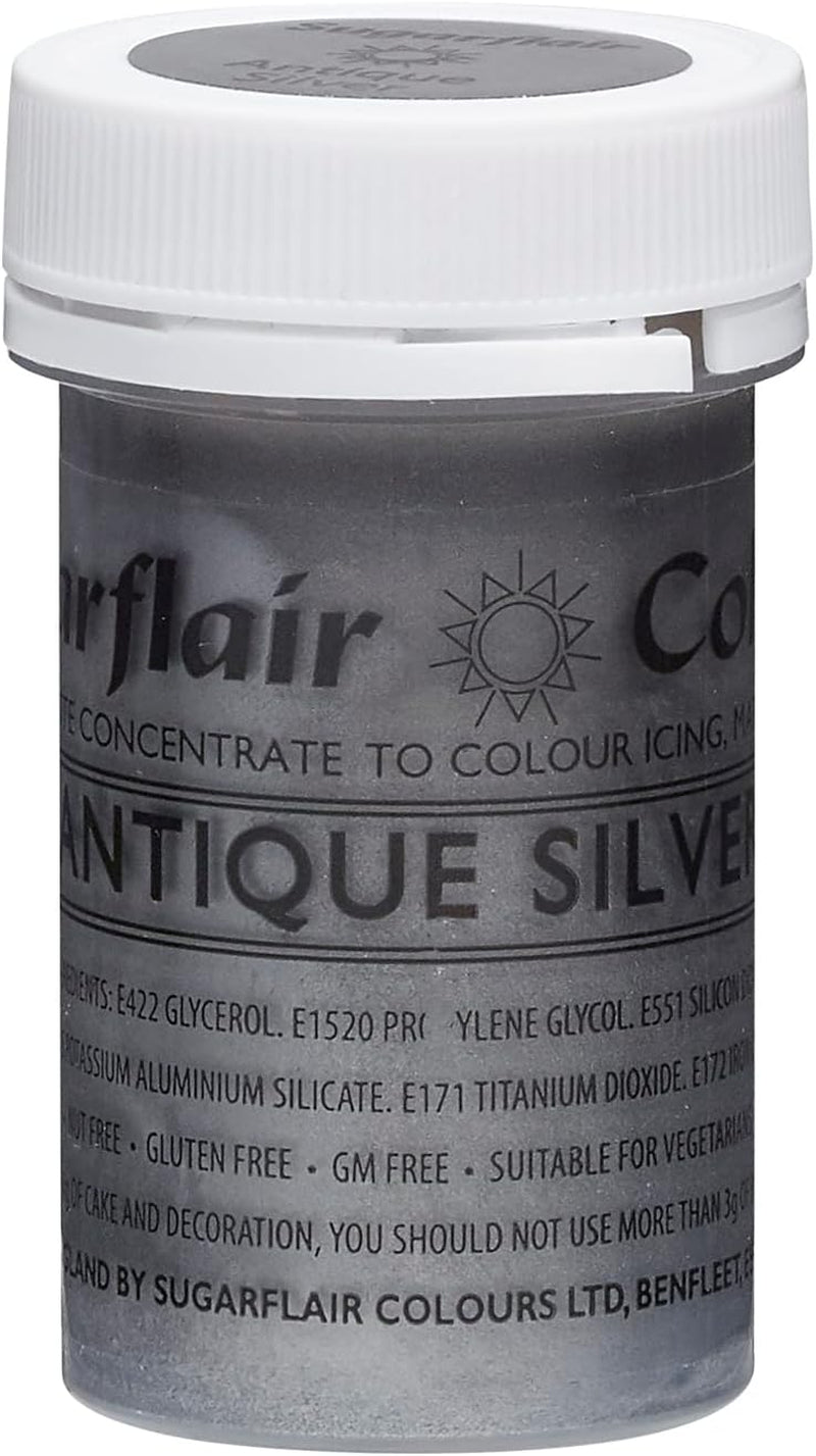 Colorant alimentaire pour pâtes Sugarflair, argent satiné, colorant alimentaire pour pâtes, très concentré, pour fondant, pâte d'amande, pâte à sucre, crème au beurre, mélange à gâteau - Colorant pour pâtes satinées - 25 g