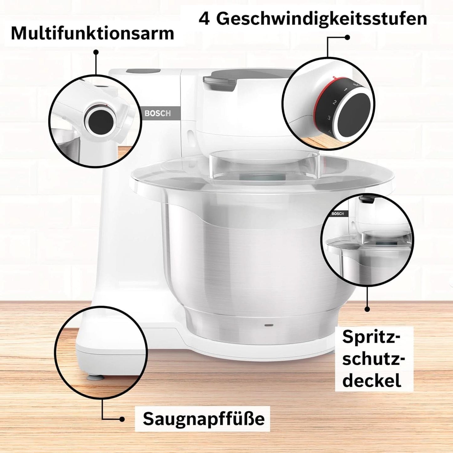 Bosch Küchenmaschine Serie 2 MUMS2EW00, Edelstahl-Schüssel 3.8 L, Planetenrührwerk, Knethaken, Schlag-, Rührbesen Edelstahl, 4 Arbeitsstufen, DurchOptiones Zubehör Erweiterbar, 700W, Weiß Kitchen Naty Shop
