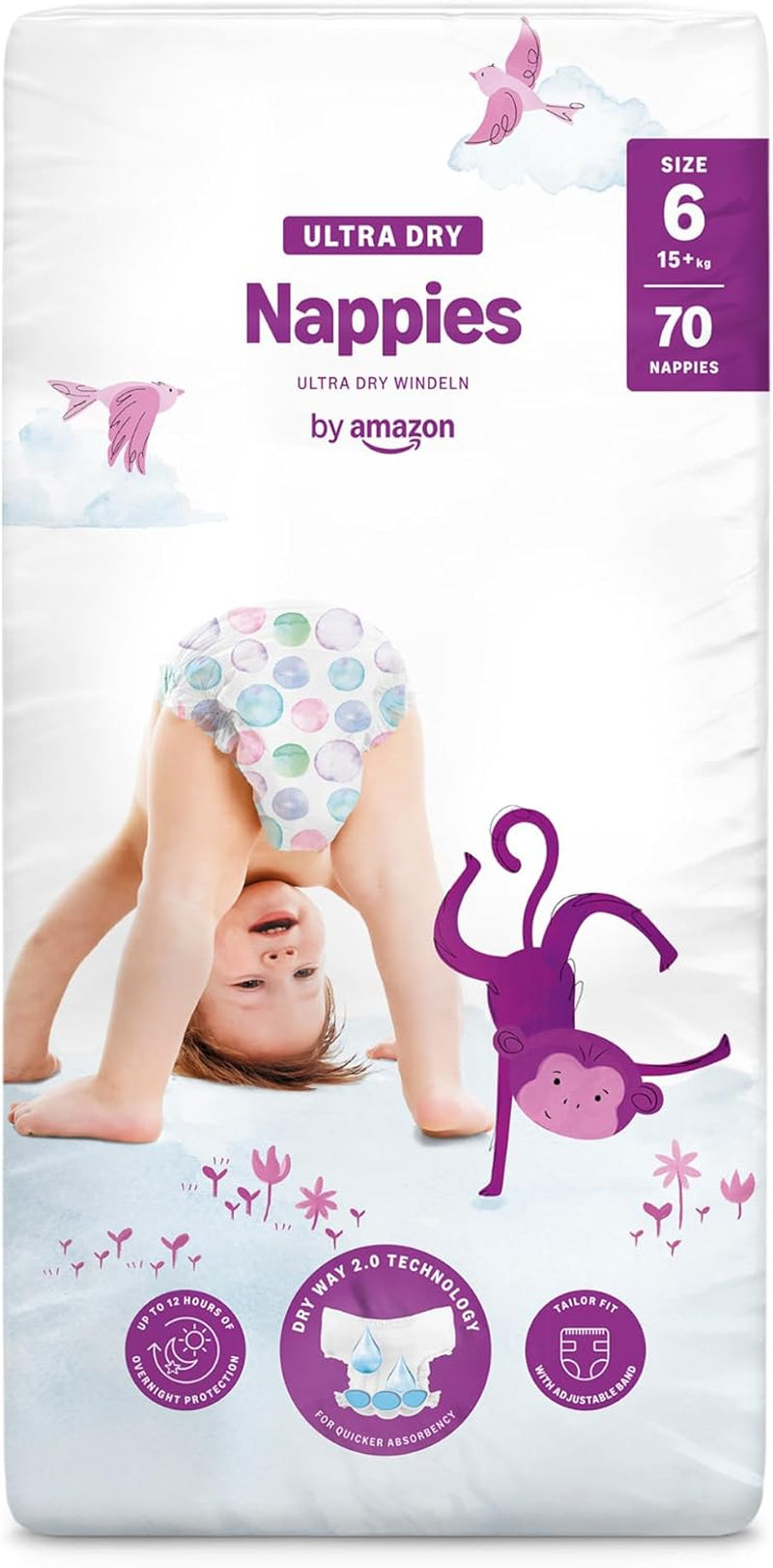 Couches Amazon Ultra Dry, taille 1 (2-5 kg) – Boîte mensuelle, blanche, 96 pièces (2 paquets de 48) (anciennement marque Mama Bear, produit identique)