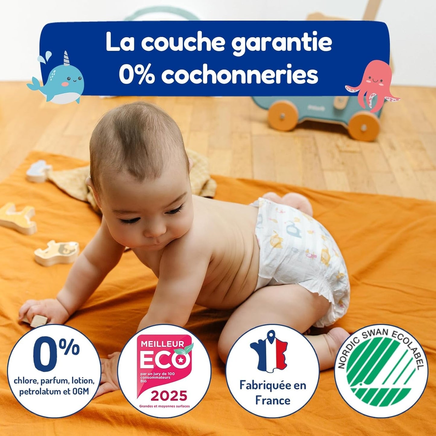 - Taille de couche 4+ 9-20 kg – Ökologische Babywaidern – natürliche Babypflege, hypoallergen, ohne Parfüm und auslaufsicher – hermestellung in Frankreich – 126 couches jetables – 1 mois