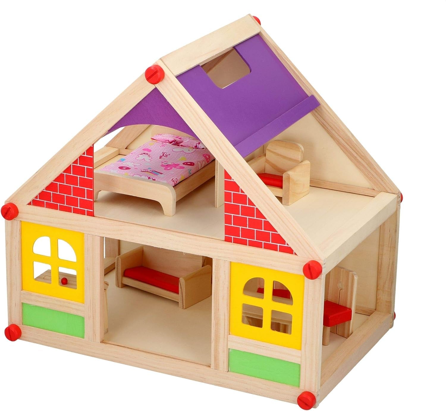 Marionette Wooden Toys - Maison de poupée en bois avec meubles et poupées - 11 pièces Dollhouses Naty Shop