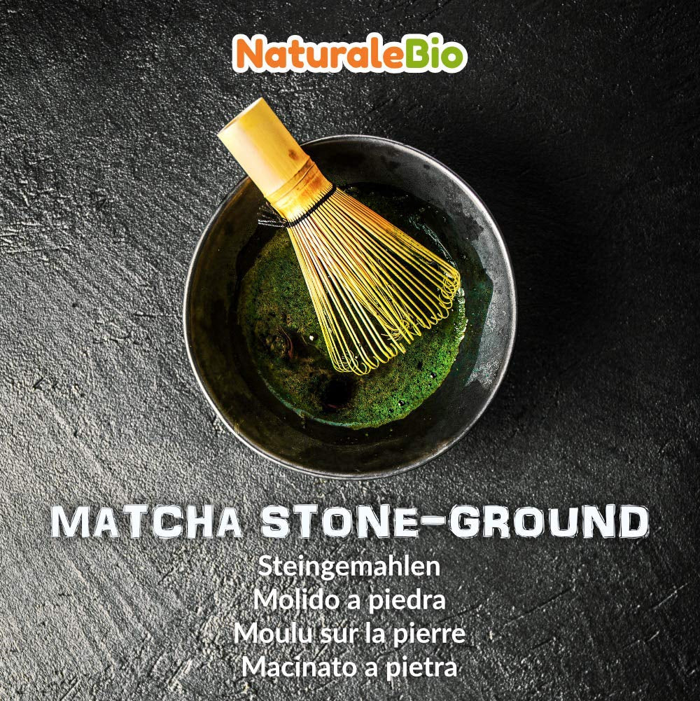 Poudre de thé Matcha de qualité cérémonielle Naturalebio Thé vert original du Japon. Poudre de thé vert Matcha de qualité cérémonielle fabriquée à Uji, Kyoto. Idéal pour boire, cuisiner et prendre des lattés. Boîte de 30 g.