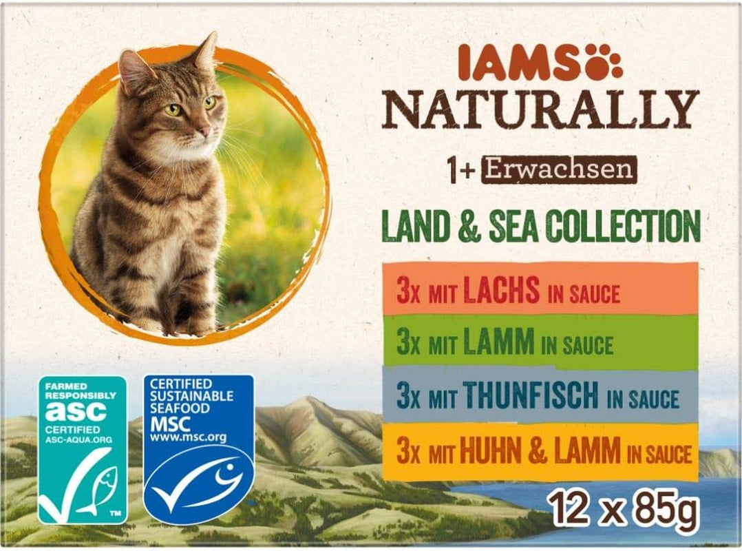 IAMS Natural Wet Cat Food in Sauce - Nourriture humide à base de viande et de poisson de haute qualité pour chat adulte, Collection Land & Sea, 12 x 85 g