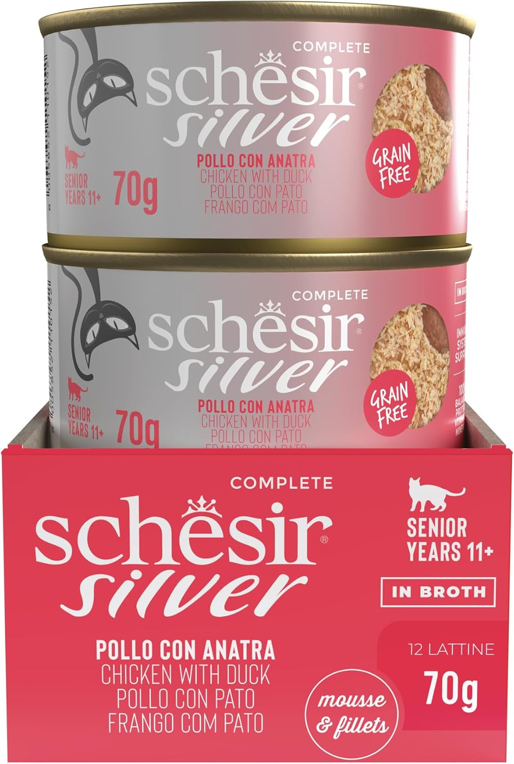 Silver Poulet avec Mousse et Filets de Canard, Aliment humide complet pour chats seniors, Sans céréales, Soutien immunitaire, Source d'humidité, 12 x 70 g