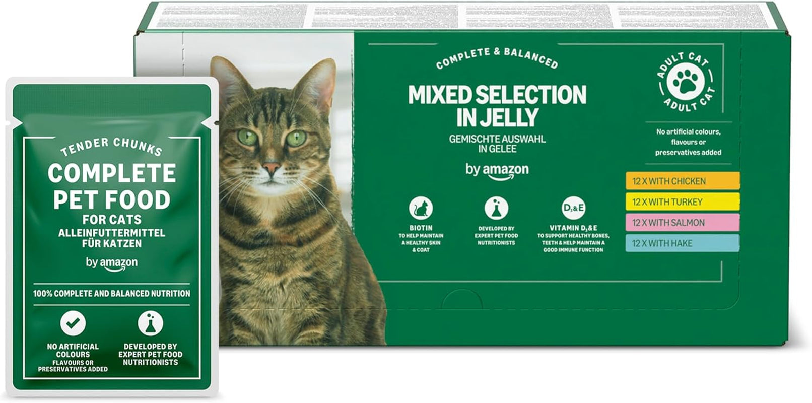 Amazon Nourriture humide sans céréales pour chats adultes Sélection mixte en gelée 4,8 kg (48 paquets de 100 g chacun)