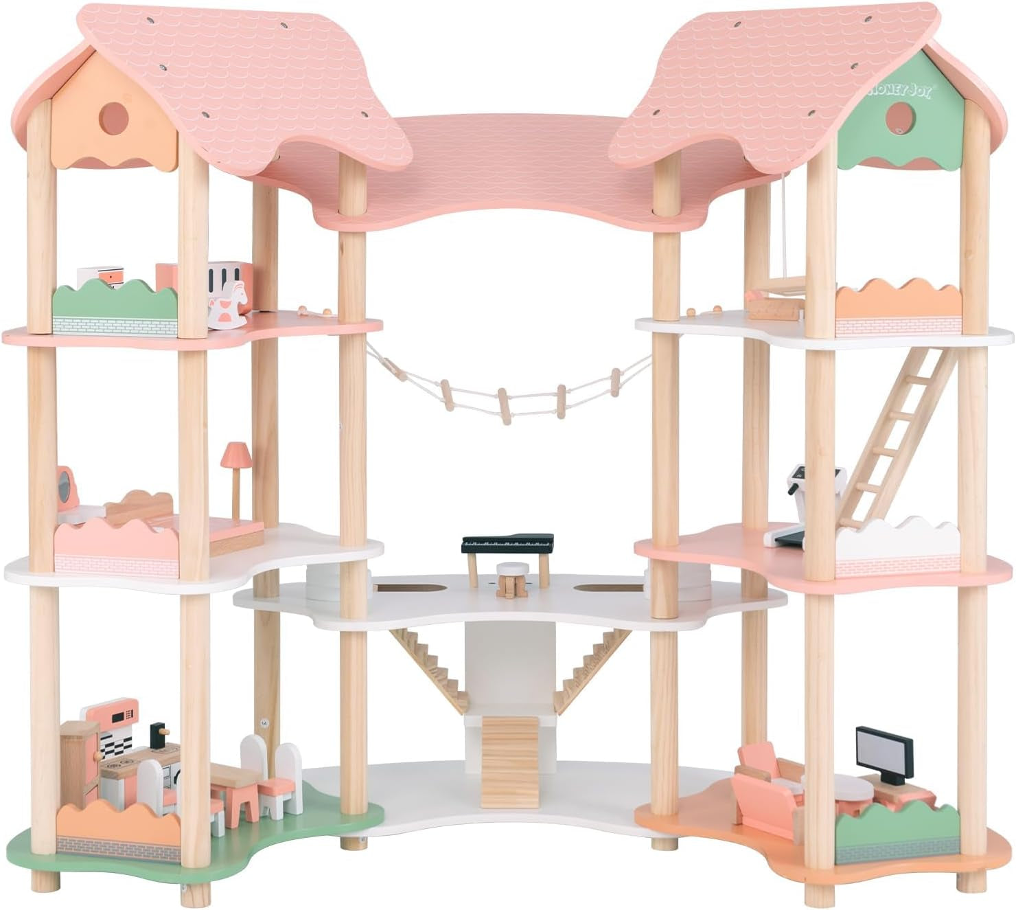 FANTASK Maison de poupée en bois, maison de poupée 7 pièces de 85 cm de hauteur avec 32 meubles et accessoires, maison de poupée avec échelle en corde, cadeau de maison de poupée pour filles de 3 ans (modèle 3) Naty Shop Dollhouses Titre par défaut