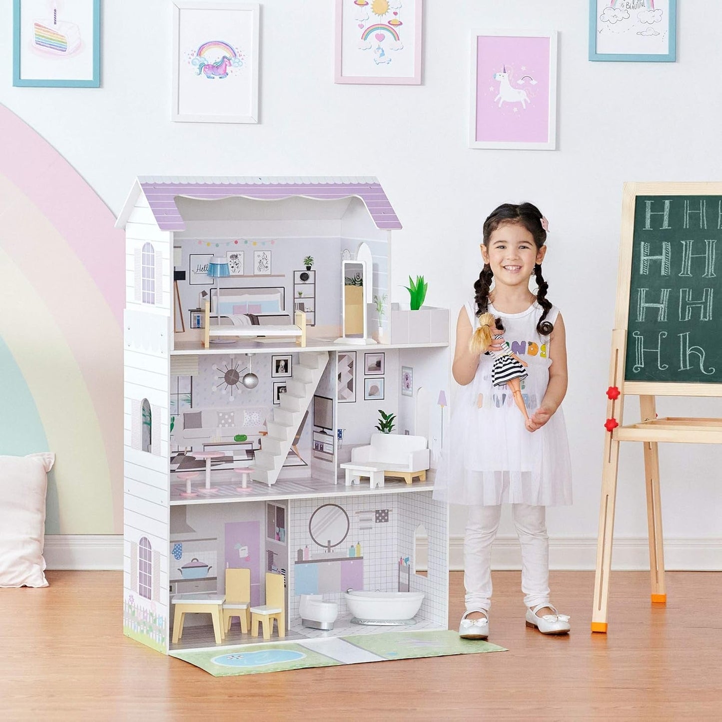 Teamson Kids Maison de poupée géante Olivia's Little World avec 16 accessoires de poupée, maison de poupée en bois avec meubles, 3 étages, maison de poupée 30 cm pour enfants, à partir de 3 ans