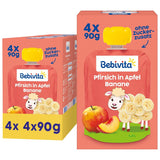 Sachets compressibles pêche, pomme et banane - 16 (paquet de 4, 4 x 90 g chacun), sans sucre ajouté, sans gluten, idéal pour les collations à emporter et l'autoconsommation