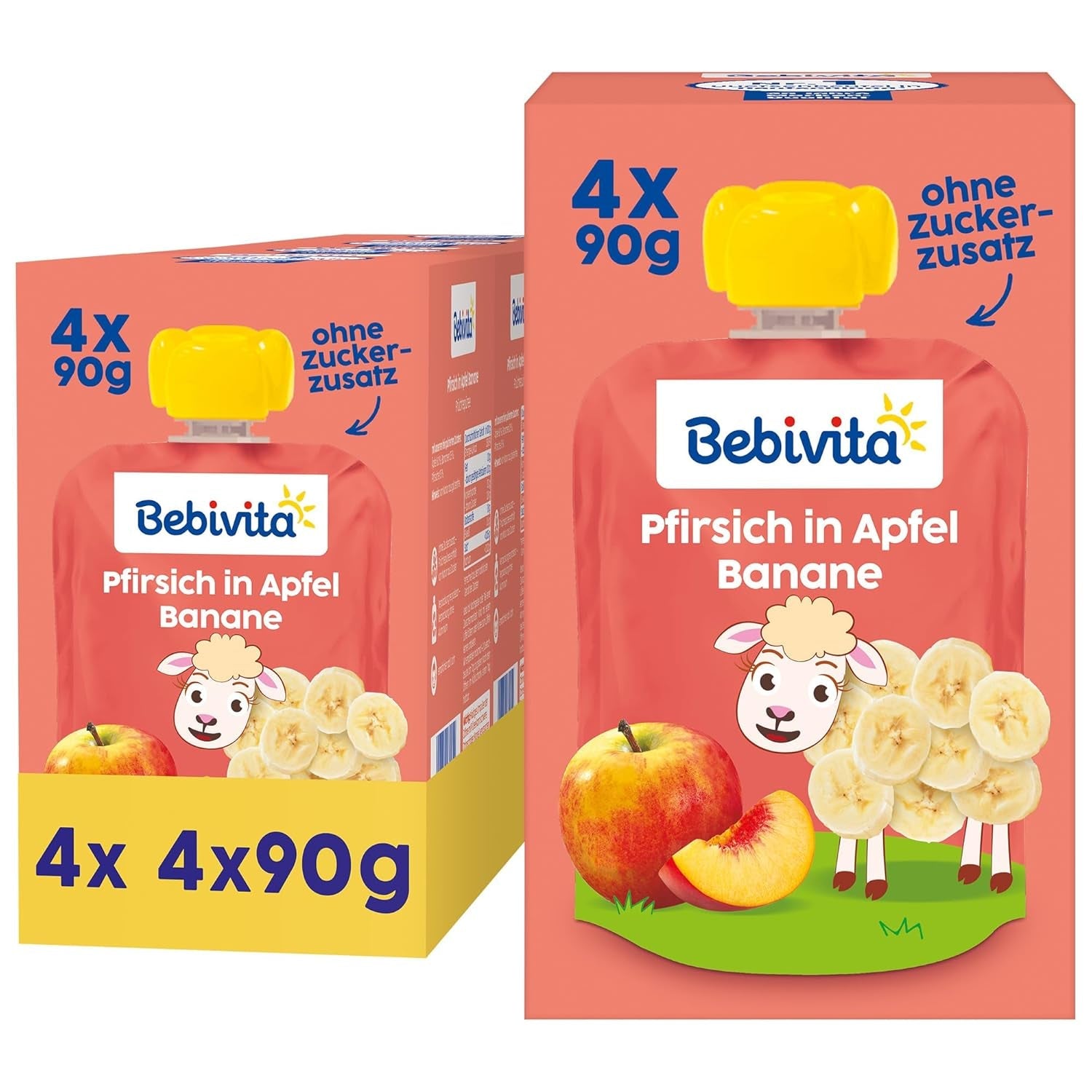 Sachets compressibles pêche, pomme et banane - 16 (paquet de 4, 4 x 90 g chacun), sans sucre ajouté, sans gluten, idéal pour les collations à emporter et l'autoconsommation
