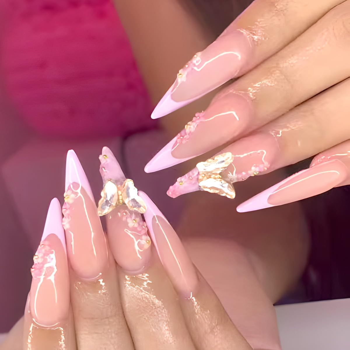 Mouyouglow longs ongles Stiletto laiteux blanc dégradé rose paillettes Cool faux ongles avec colle rose Ombre paillettes ongles artificiels