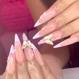 Mouyouglow longs ongles Stiletto laiteux blanc dégradé rose paillettes Cool faux ongles avec colle rose Ombre paillettes ongles artificiels