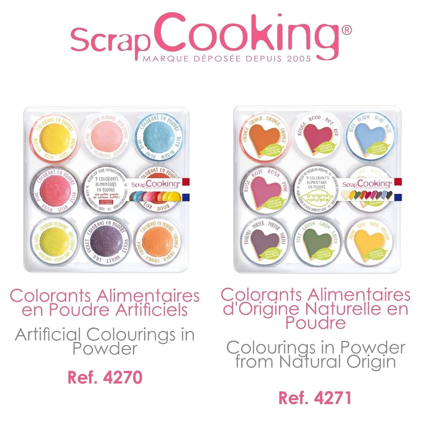 Scrapcooking - Lot de 9 colorants alimentaires en poudre - Bleu, Jaune, Rose, Violet, Orange, Vert anis, Rouge, Rose poudré, Noir - Colorant en poudre comestible pour gâteaux, muffins, macarons - 4270