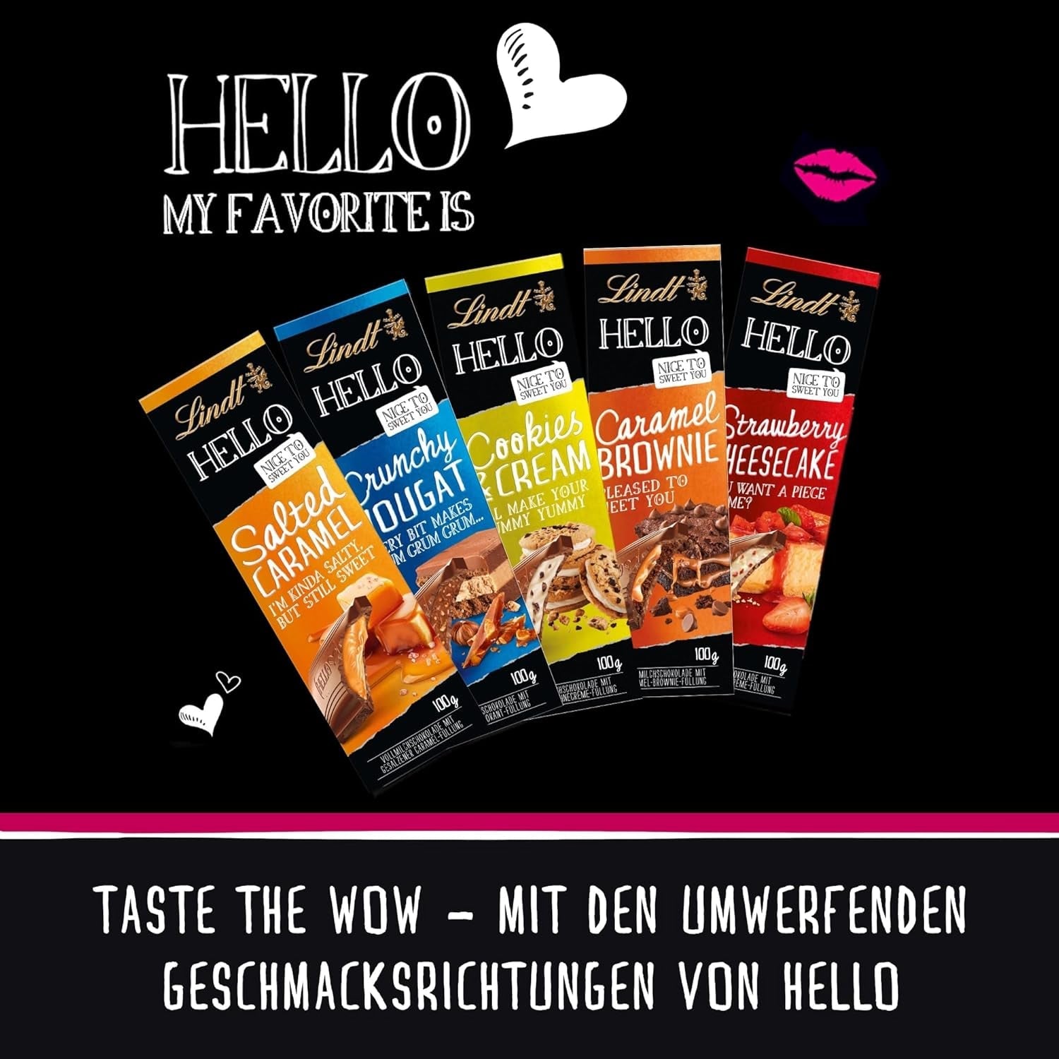 Lindt HELLO Gâteau au fromage aux fraises et au chocolat | Barre 100g | Chocolat au lait fourré à la crème de fromage blanc aux fraises | Barre de chocolat | Cadeau chocolat (paquet de 5)