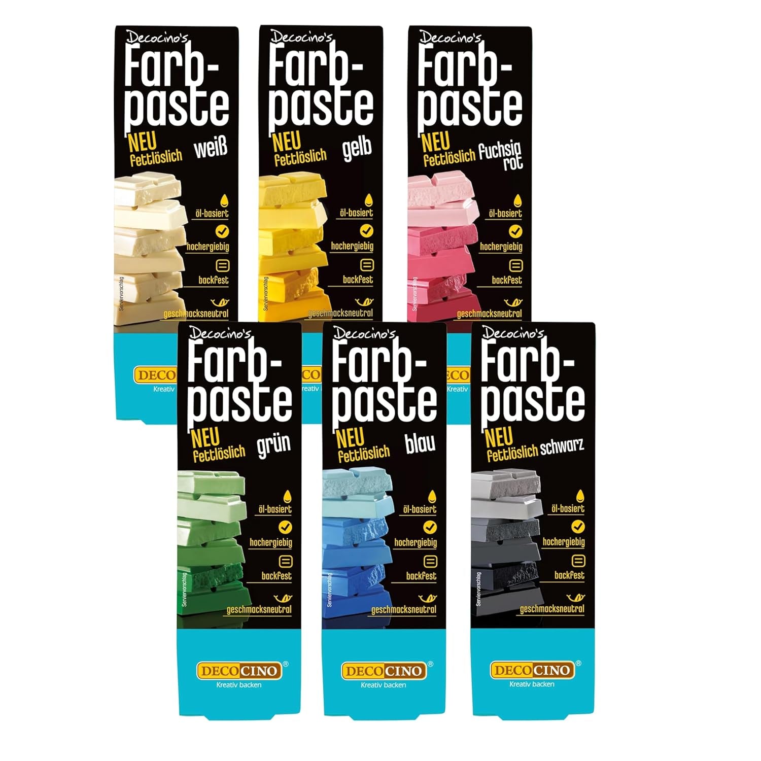 Decocino Pâte colorante liposoluble Lot de 6 - 6 x 15 g - Colorant alimentaire rouge, blanc, vert, jaune, bleu et noir, idéal pour colorer gâteaux, fondants et crèmes - Sans azoïque ni gluten