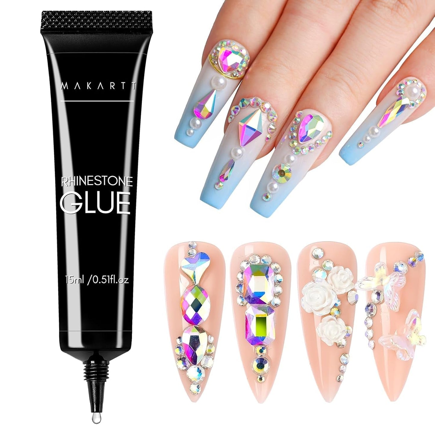 Makartt Gel adhésif pour strass – 15 ml de colle UV pour ongles avec breloques roses en forme de cœur, bijoux et accessoires de design d'ongles pour manucure à domicile, cadeau de Saint-Valentin