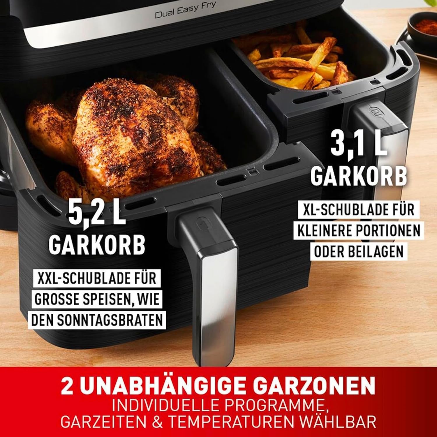 Friteuse à air chaud Tefal Dual Easy Fry avec deux chambres, capacité 5,2/3,1 litres, deux tiroirs indépendants, 7 programmes Électroménager Naty Shop