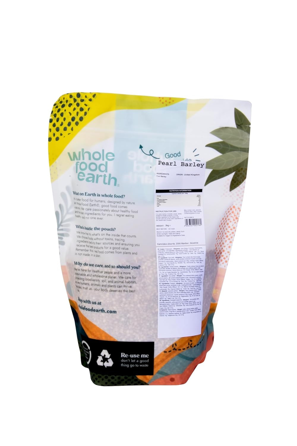 Orge perlé Wholefood Earth - sans OGM - végétalien - sans produits laitiers - sans sucre ajouté, 2 kg
