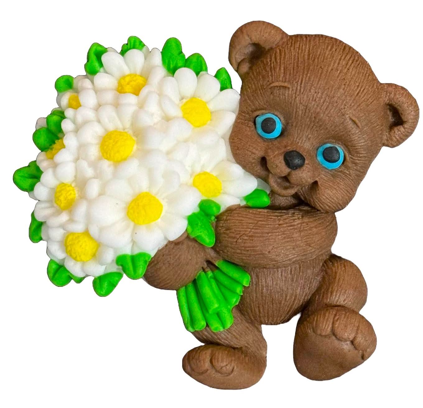 Décoration comestible en sucre, ours en peluche avec un bouquet de fleurs Décorations en Pâte à Sucre Nati Shop