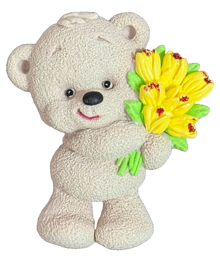 Décoration comestible en sucre, Ours en peluche avec un bouquet de tulipes Décorations en Pâte à Sucre Nati Shop