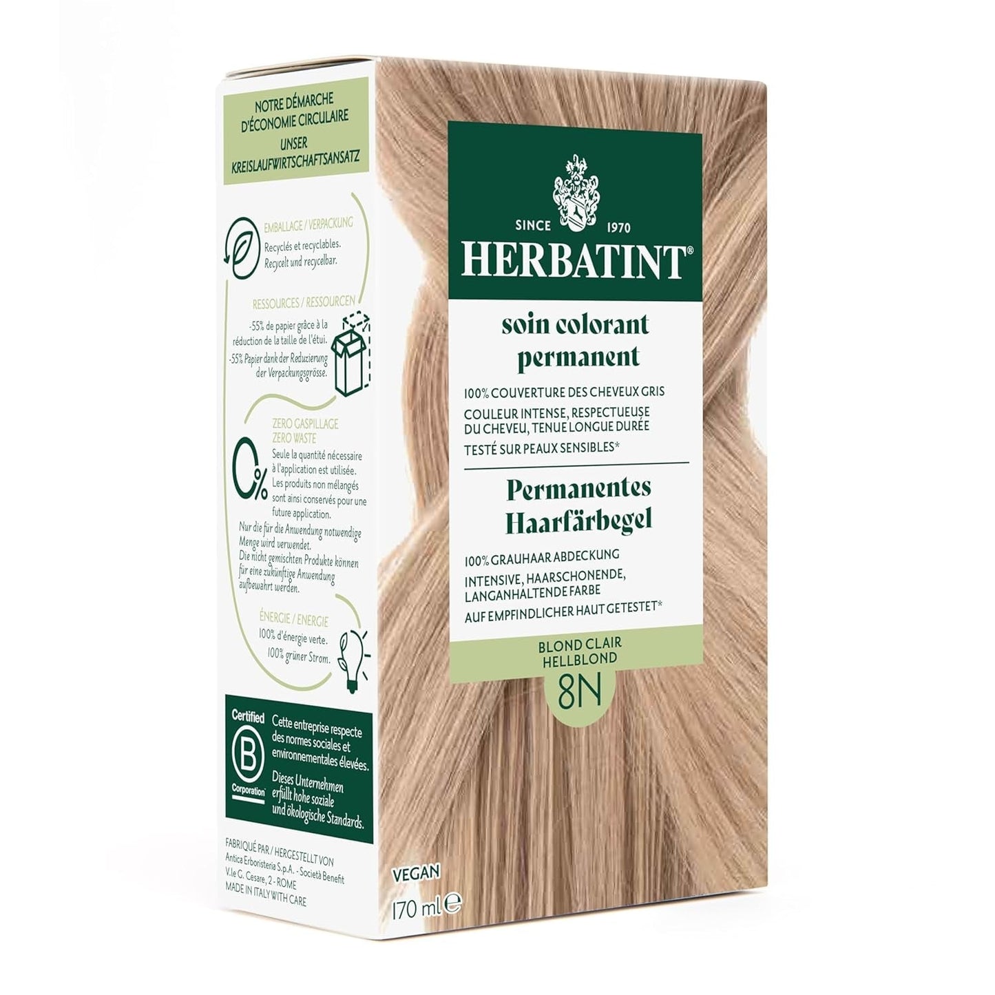 Gel colorant capillaire permanent 6N blond foncé - 170 ml I Sans ammoniaque, couverture à 100% des cheveux gris I Testé sur peaux sensibles, aux 8 extraits de plantes