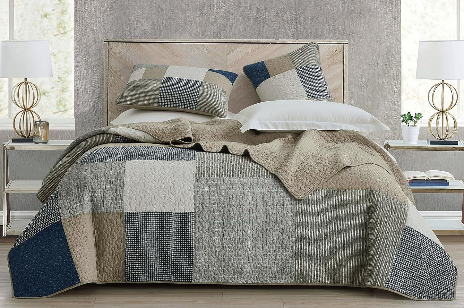 Chezmoi Collection Ensemble de courtepointe Addy Patchwork en coton prélavé léger réversible toutes saisons surdimensionné 3 pièces bleu marine blanc gris taupe courtepointes et courtepointes à carreaux Naty Shop