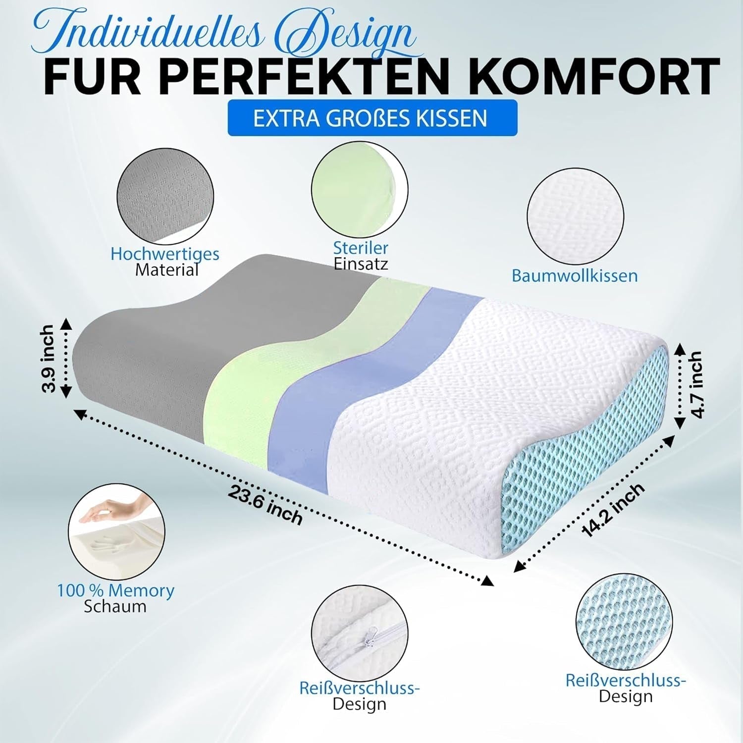 Oreiller orthopédique de soutien du cou en mousse à mémoire de forme - Oreiller ergonomique, oreiller anti-ronflement pour dormeurs sur le côté, sur le ventre et sur le dos, Pilow, 60 cm x 40 cm x 12 cm Oreillers orthopédiques cervicaux Naty Shop