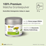 Raab Vitalfood® Premium Bio Matcha Powder (30g) - Original du Japon, poudre de matcha pure sans additifs, finement moulue, goût légèrement amer, poudre de thé vert, végétalien, cérémonie du thé