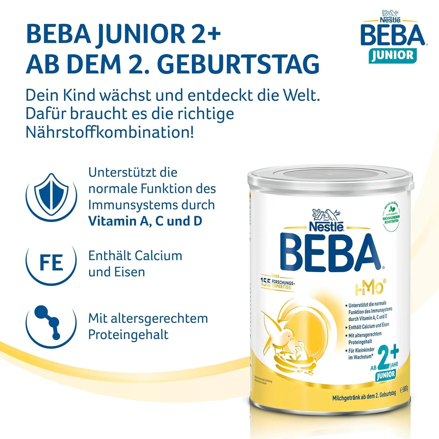 Boisson lactée BEBA Junior 2+ à partir de 2 ans, Avec HMO, Teneur en protéines adaptée à l'âge, Lactose uniquement, Sans huile de palme, Sans huile de poisson, Aliments pour tout-petits, Lait en poudre pour bébé, Lot de 3 (3 x 800 g)