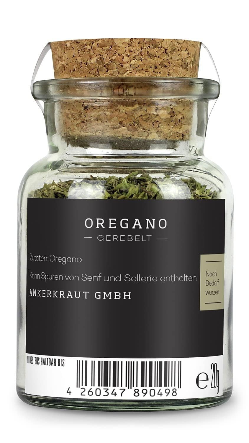 Ankerkraut Origan Gewürz, gerebelt séché, parfait pour la pizza, la soupe aux tomates et au poisson, Kräuter zum Würzen, cuisine méditerranéenne pour la maison, Lecker Kochen, 20g im Korkenglas