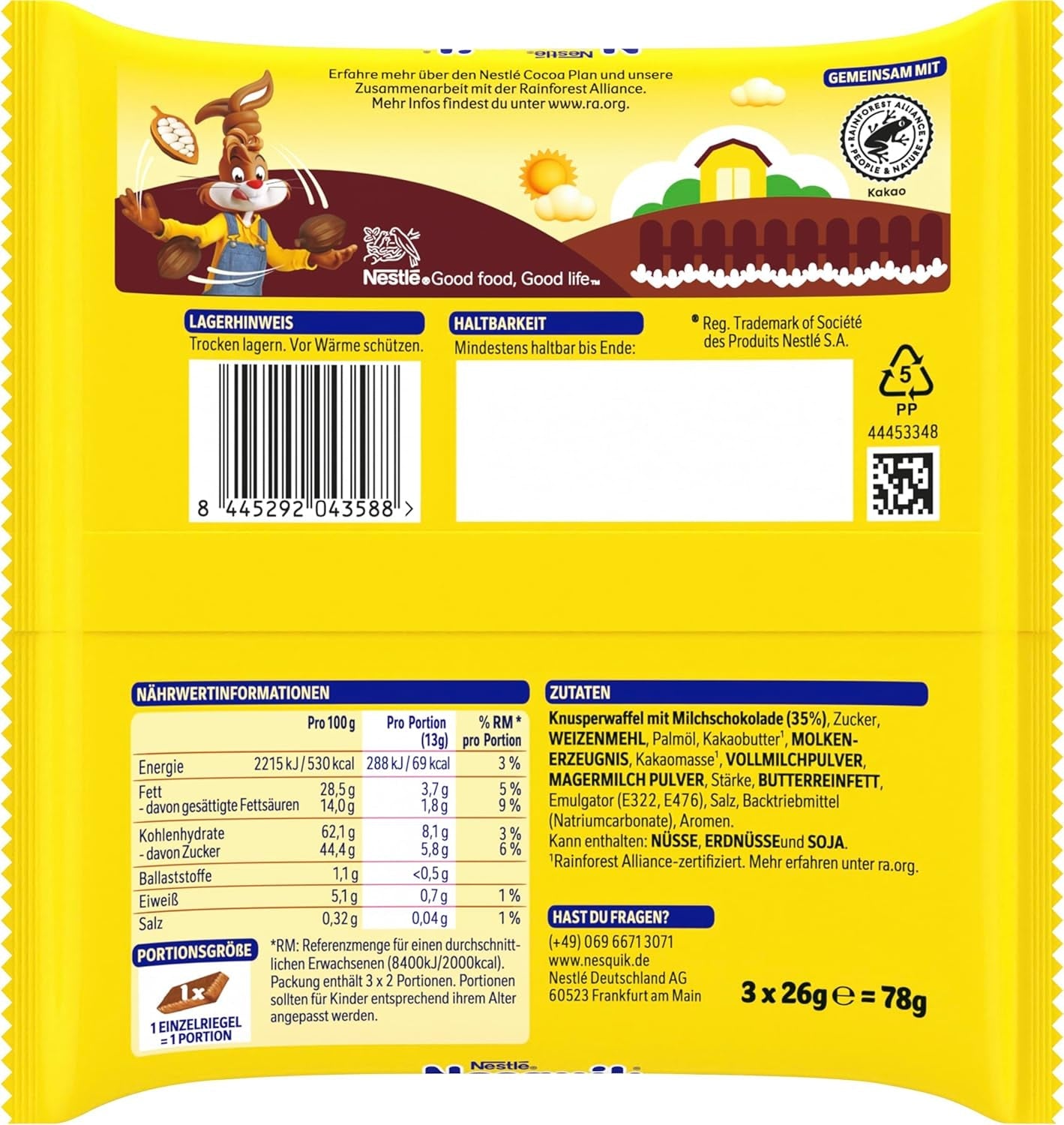 Nestlé Crunchy Waffle Délicieuse barre de gaufres au chocolat au lait Multi Pack 1 paquet (3x26g chacun)