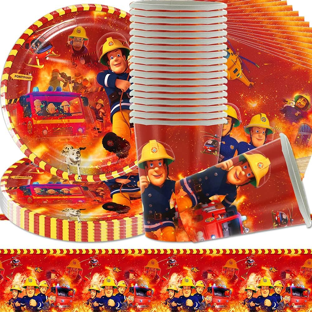 Ensemble de vaisselle de fête à thème pompier, décorations de fête d'anniversaire de pompier, 61 pièces pour 20 invités