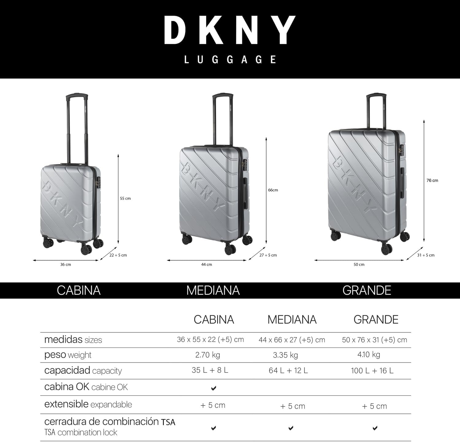DKNY - Grande Valise 4 Roues Grande Valise Légère - Grande Valise de Voyage à Roulettes. Grande valise de voyage avion Valise à coque rigide avec fermeture certifiée - Grande valise à roulettes Argent Bagages et équipements de voyage Naty Shop