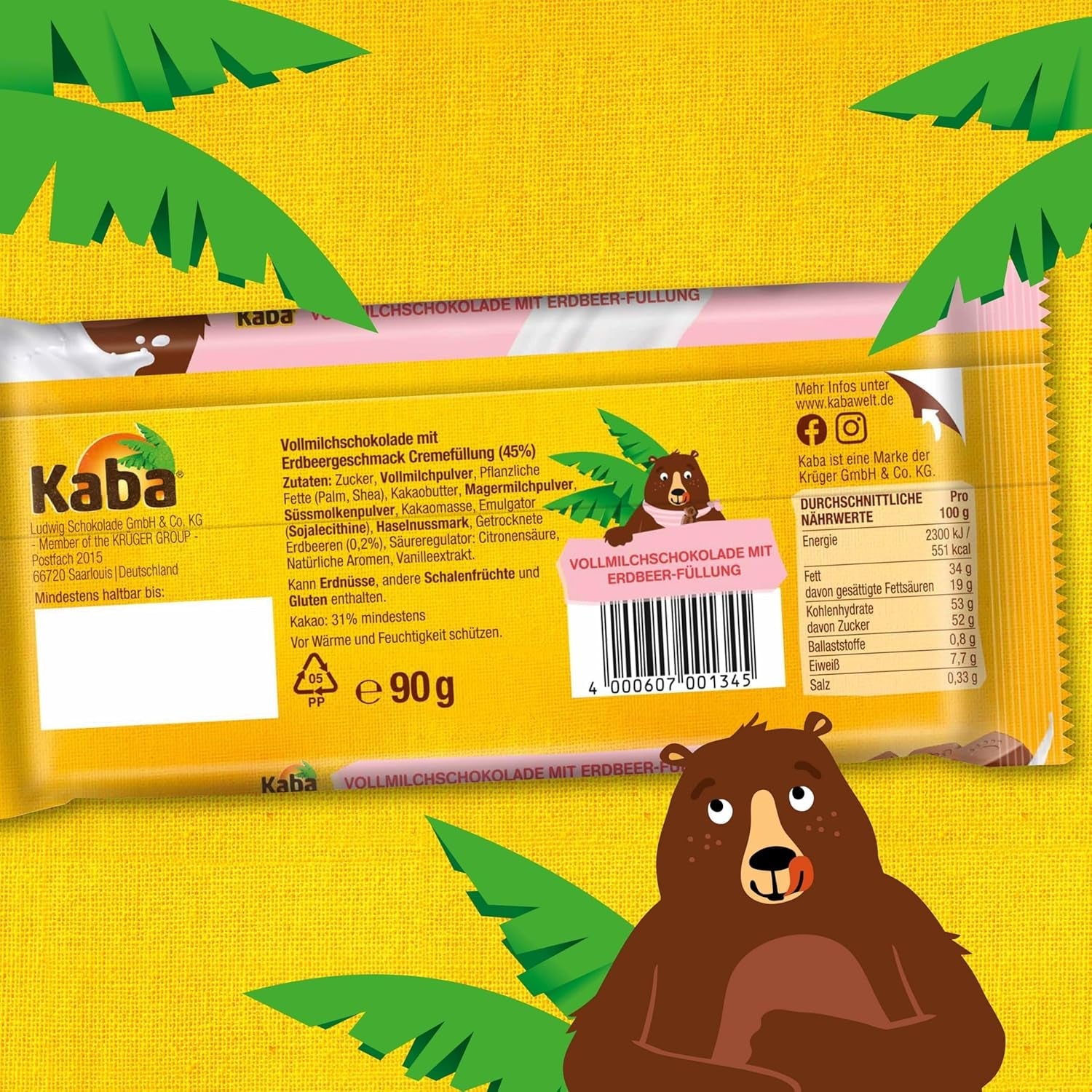 Kaba Chocolat au lait avec crème de fraise, barre de chocolat fourrée, barre de 90 g, chocolat fondant avec crème fruitée à la fraise et saveur originale Kaba (lot de 2)