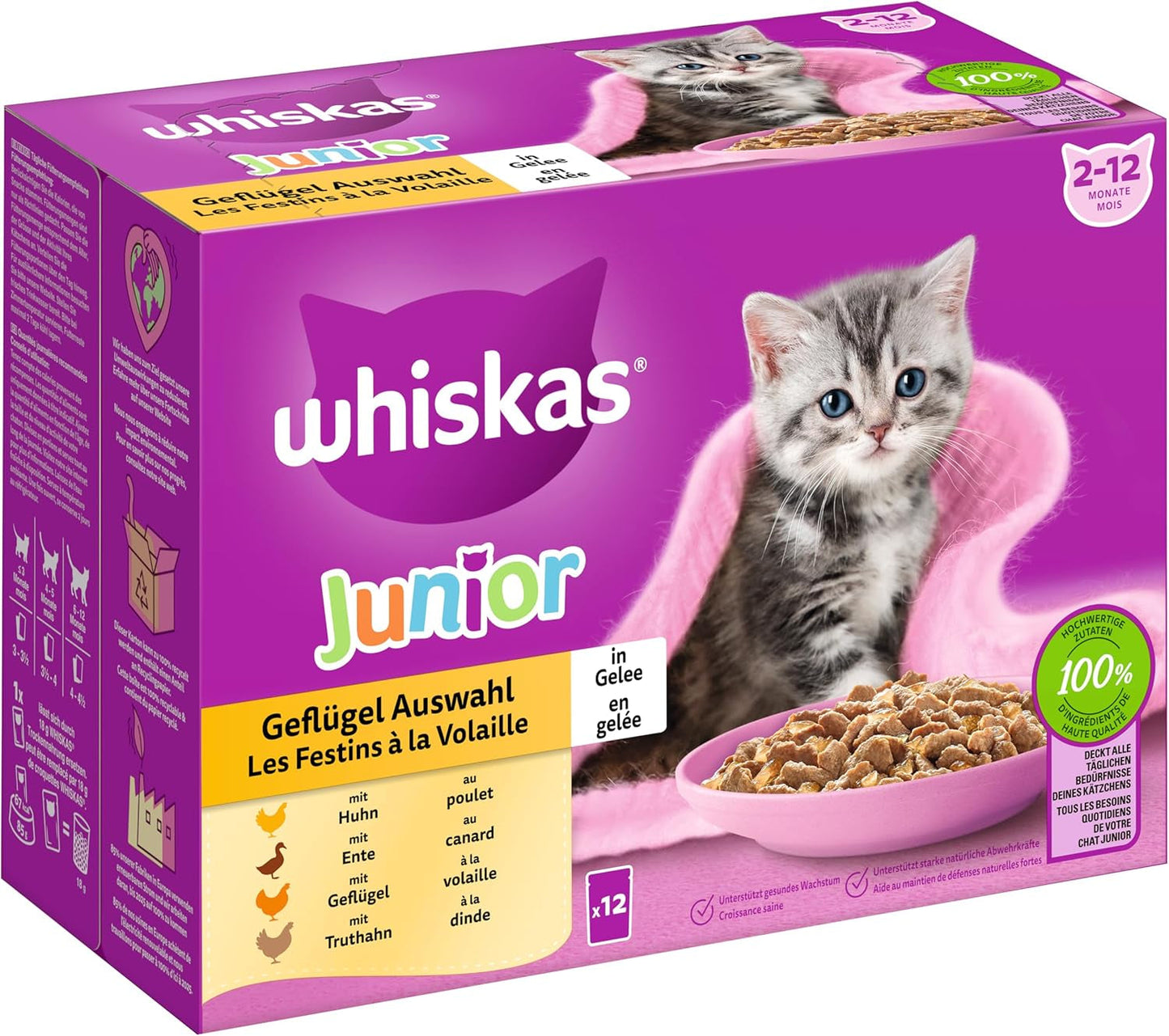 WHISKAS Junior Sachets de nourriture humide, multipack, sélection de viande de volaille en gelée, 12 x 85 g