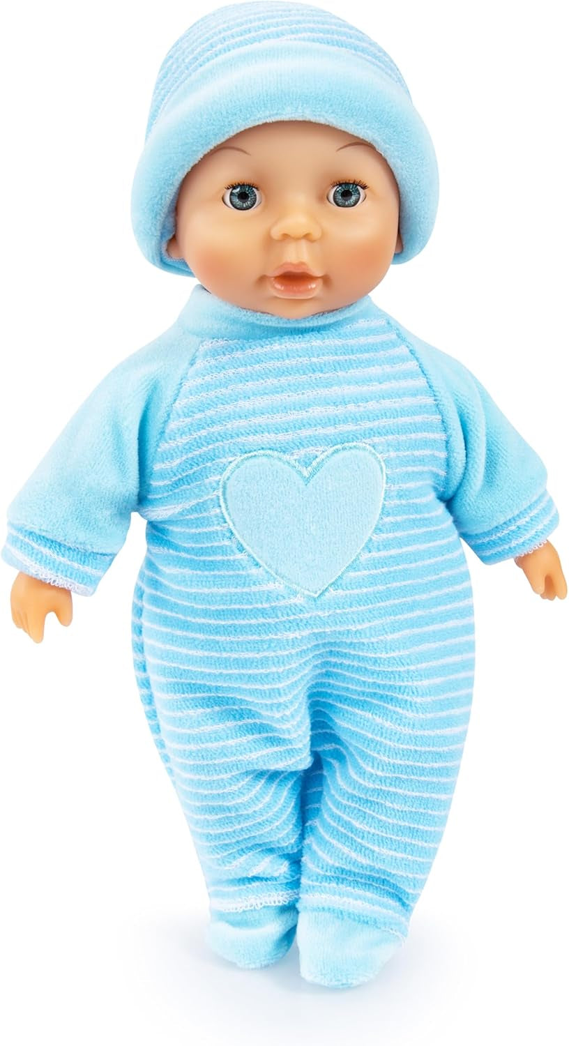 Bayer Design 92802AU My First Baby 28 cm, poupée bébé, poupée au corps doux avec des yeux endormis, très pratique, tenue mignonne, bleu avec cœur