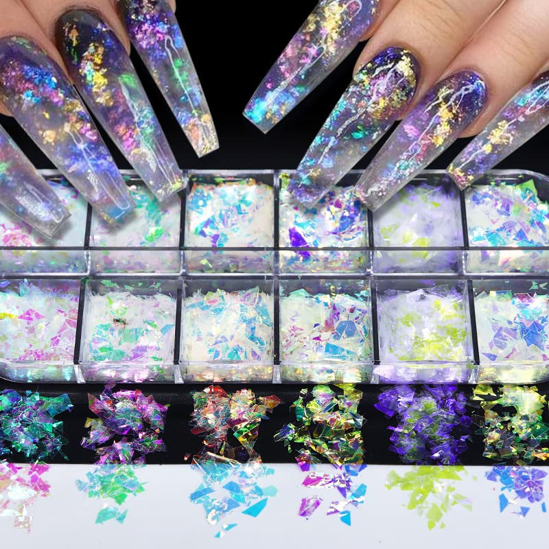 JMEOWIO – paillettes pour ongles, 12 grilles, sirène, accessoires de décoration pour Nail Art, Design des ongles