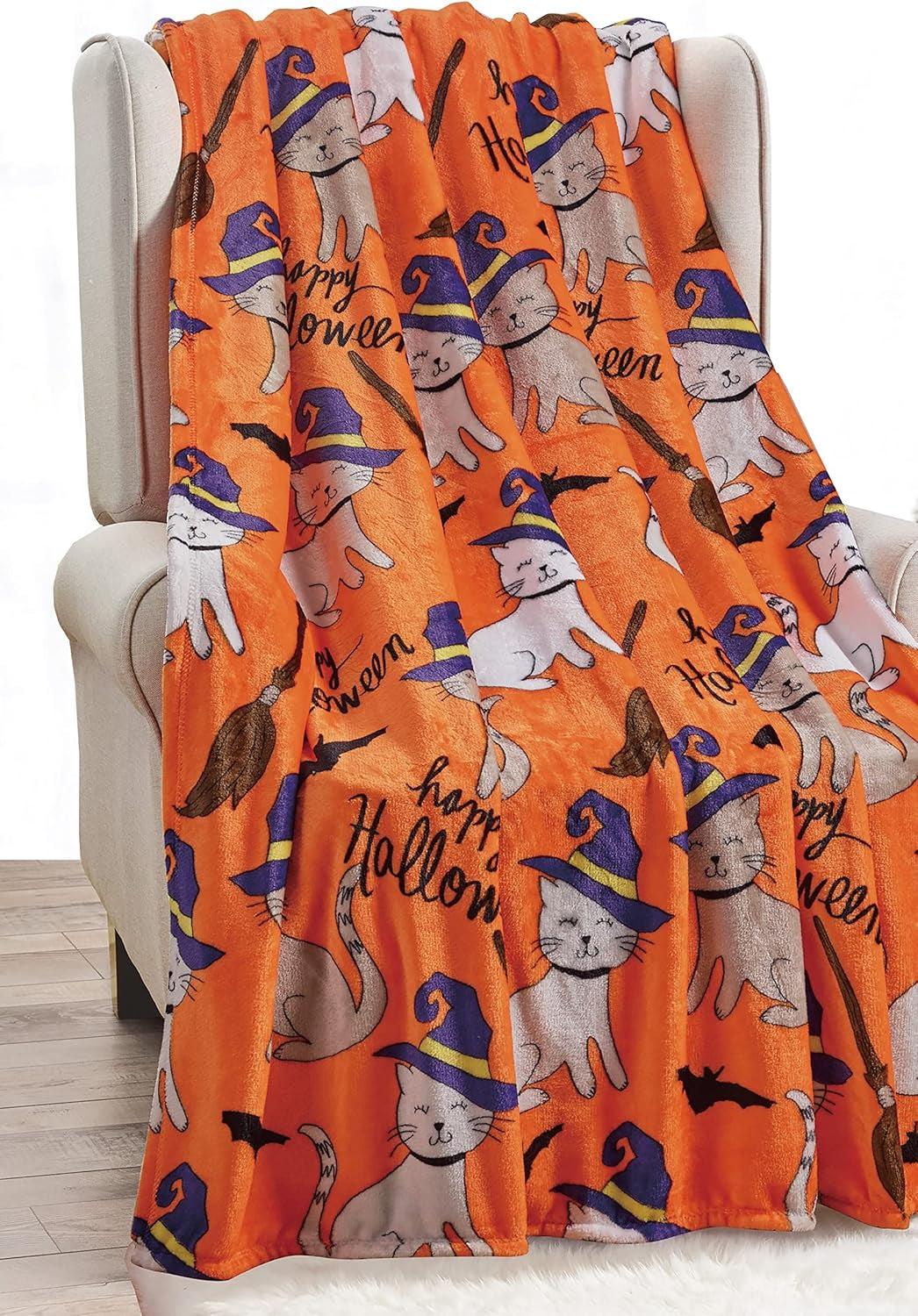 Couverture légère élégante sur le thème d'Halloween, douce, confortable et moelleuse, parfaite pour se détendre cette saison effrayante, 127 X 152,4 cm, Lits et couvertures Skull and Bones Elegant Comfort Halloween Cats 50 X 60