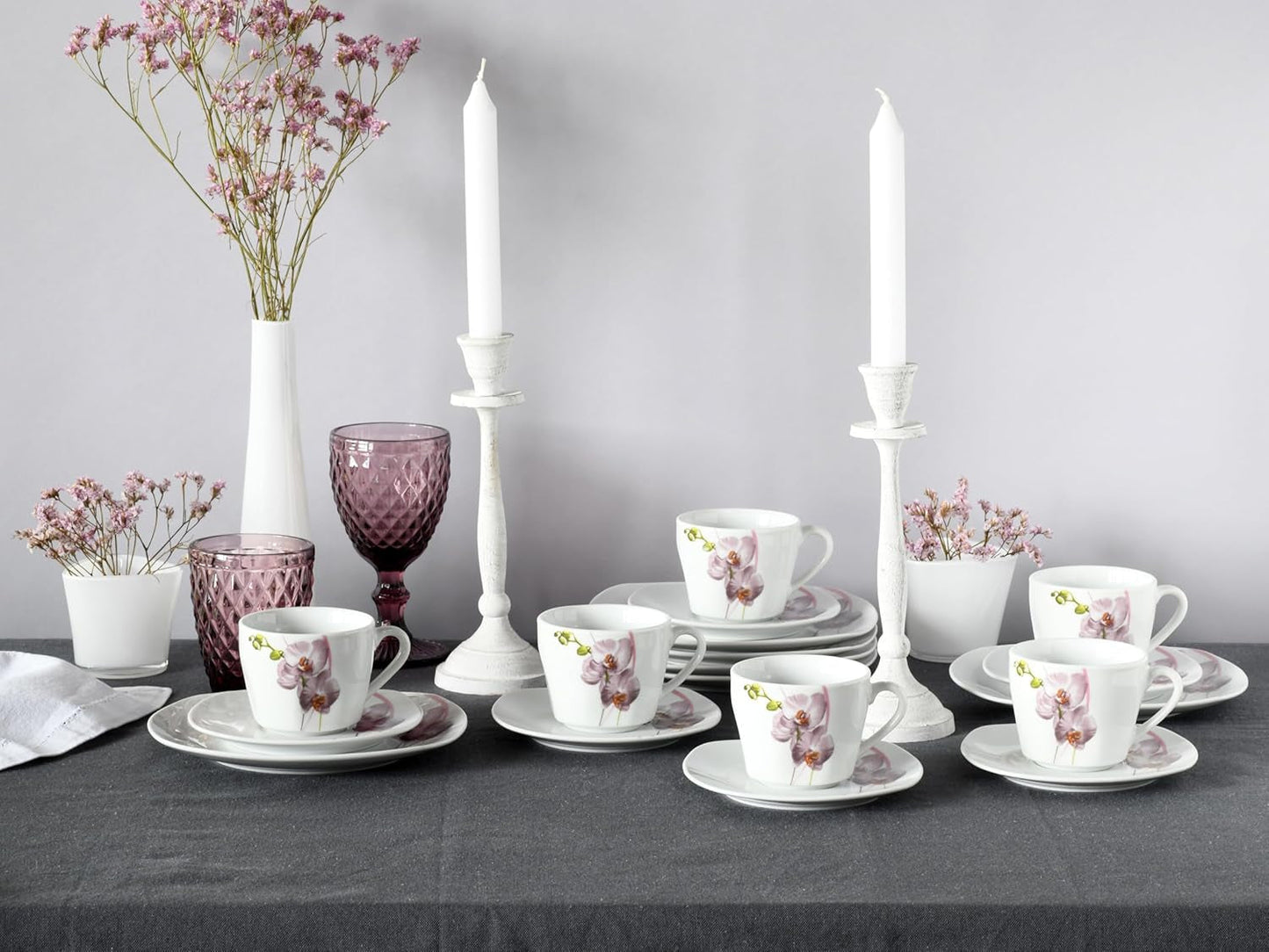 CreaTable, 24024, Série Square Orchid, Service de table 18 pièces pour 6 personnes, Service à café en porcelaine, Passe au lave-vaisselle et au micro-ondes, Fabrication de qualité