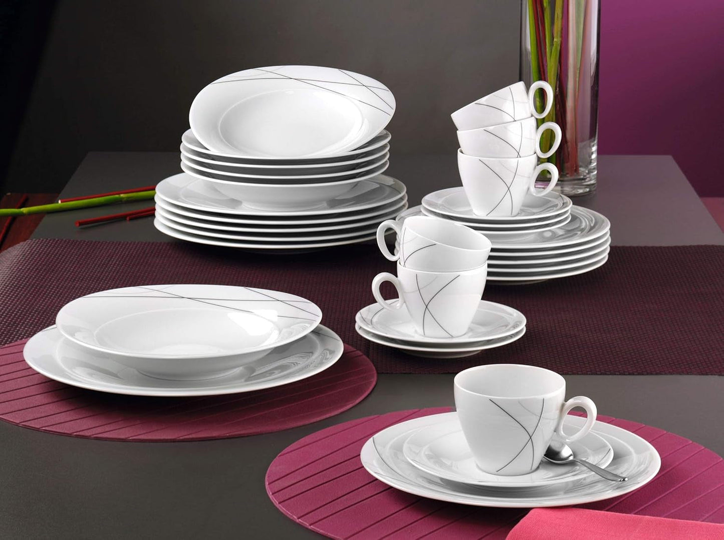 Seltmann Weiden 001.706904 Trio Highline Service de table combiné, 30 pièces, 36,5 x 31,2 x 36,9 cm, Blanc