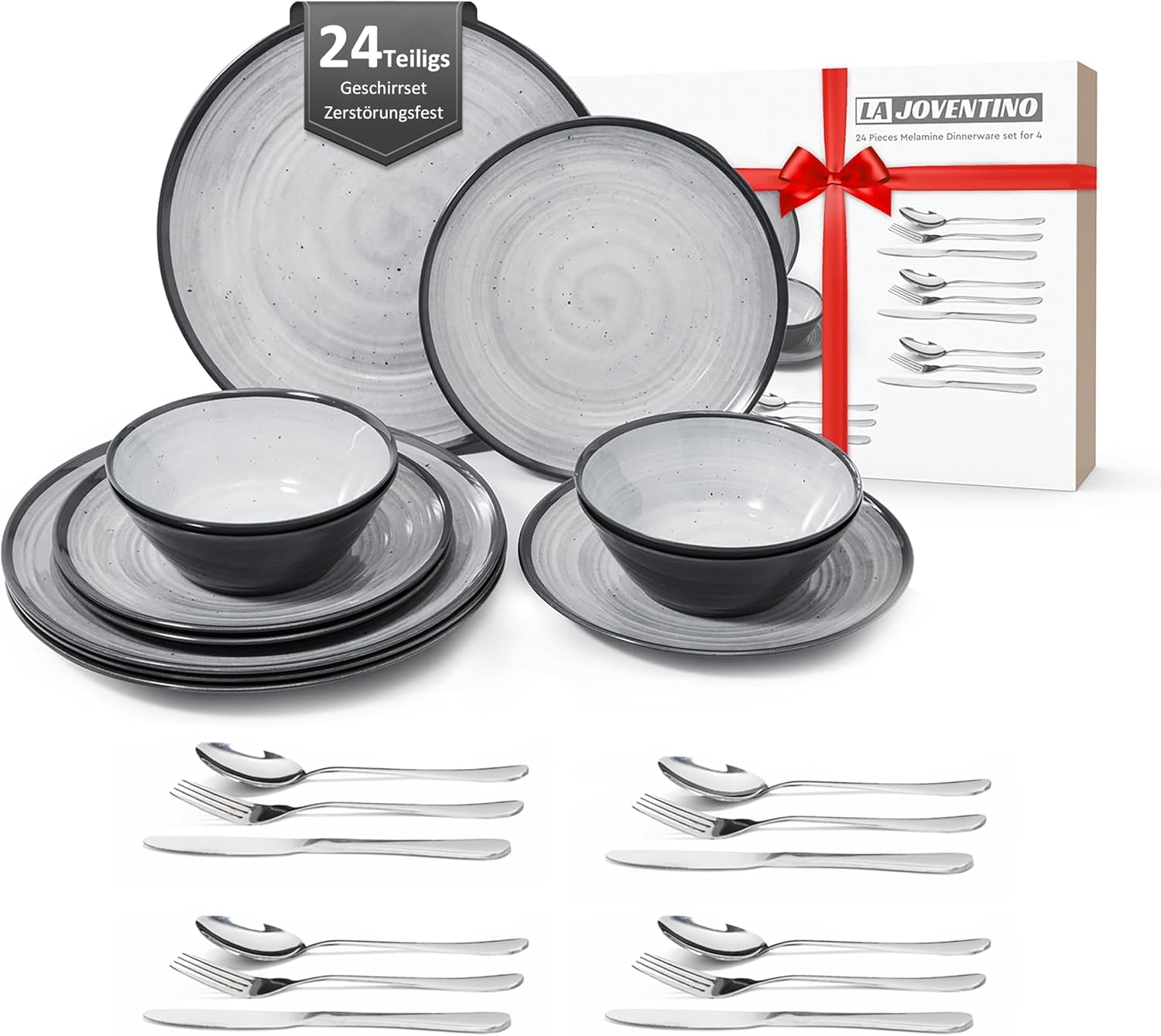 Ensemble de couverts en mélamine, 24 pièces, assiettes de camping pour 4 personnes, couverts d'extérieur et d'intérieur