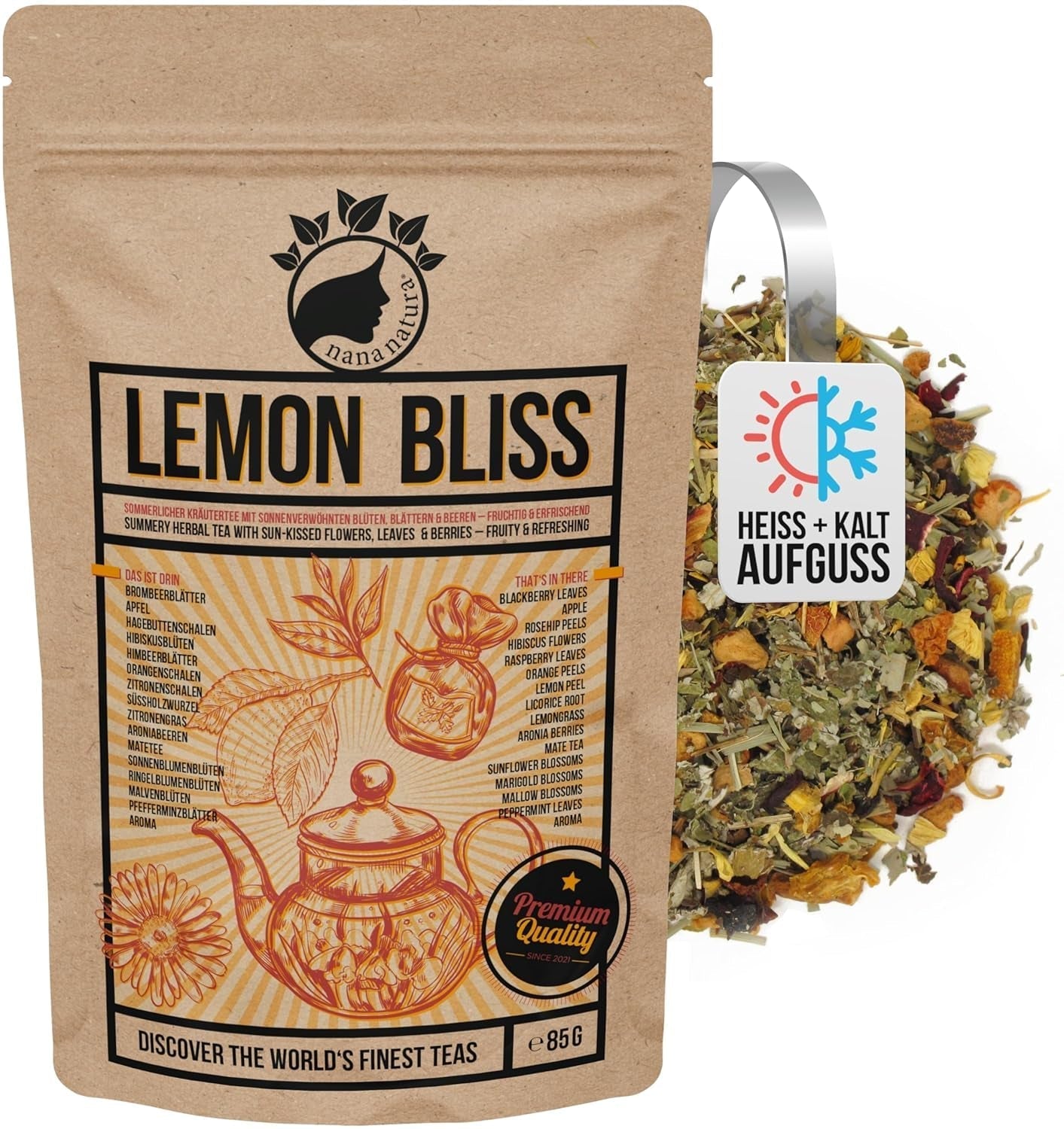 THÉ BLISS AU CITRON Original de Nananatura'S 85G | Tisane d'été fruitée et rafraîchissante | Comme thé froid, thé glacé ou chaud classique | Avec des fleurs, des feuilles et des baies mûries au soleil | Pas de sucre