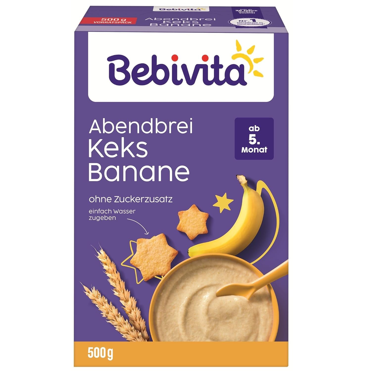 Bouillie du soir aux biscuits et bananes (4x500g), bouillie de lait à partir de 5 mois, sans sucre ajouté, avec minéraux et vitamines précieux, très nourrissante