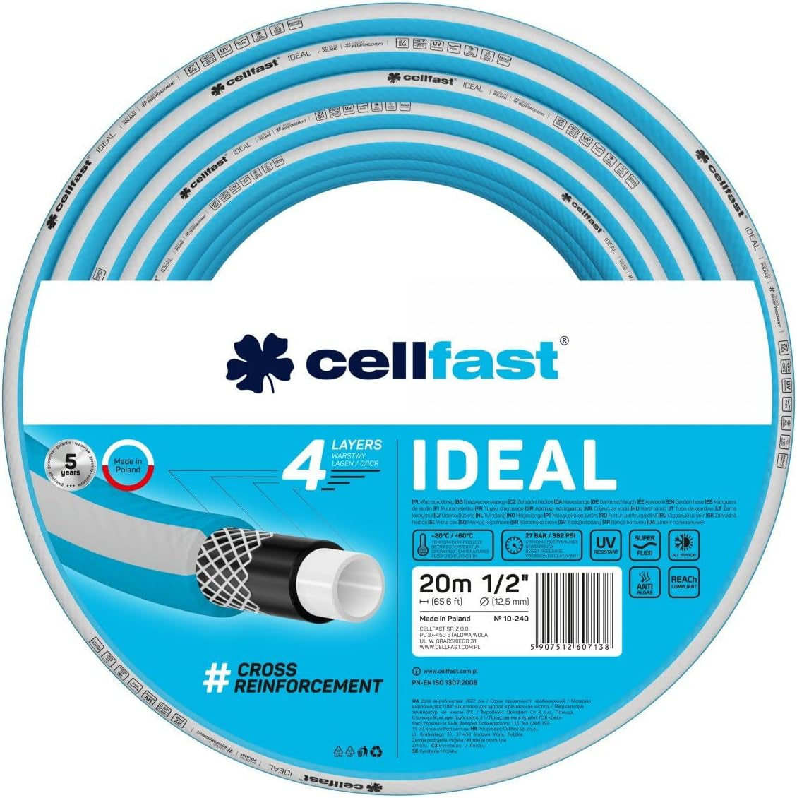 Tuyau d'arrosage Cellfast IDEAL, Durable, Flexible, 4 couches, Tresse croisée durable, Résistant aux UV et aux algues, Technologie REACH, 27 bar, -20/+60° courte durée 1/2", 20m