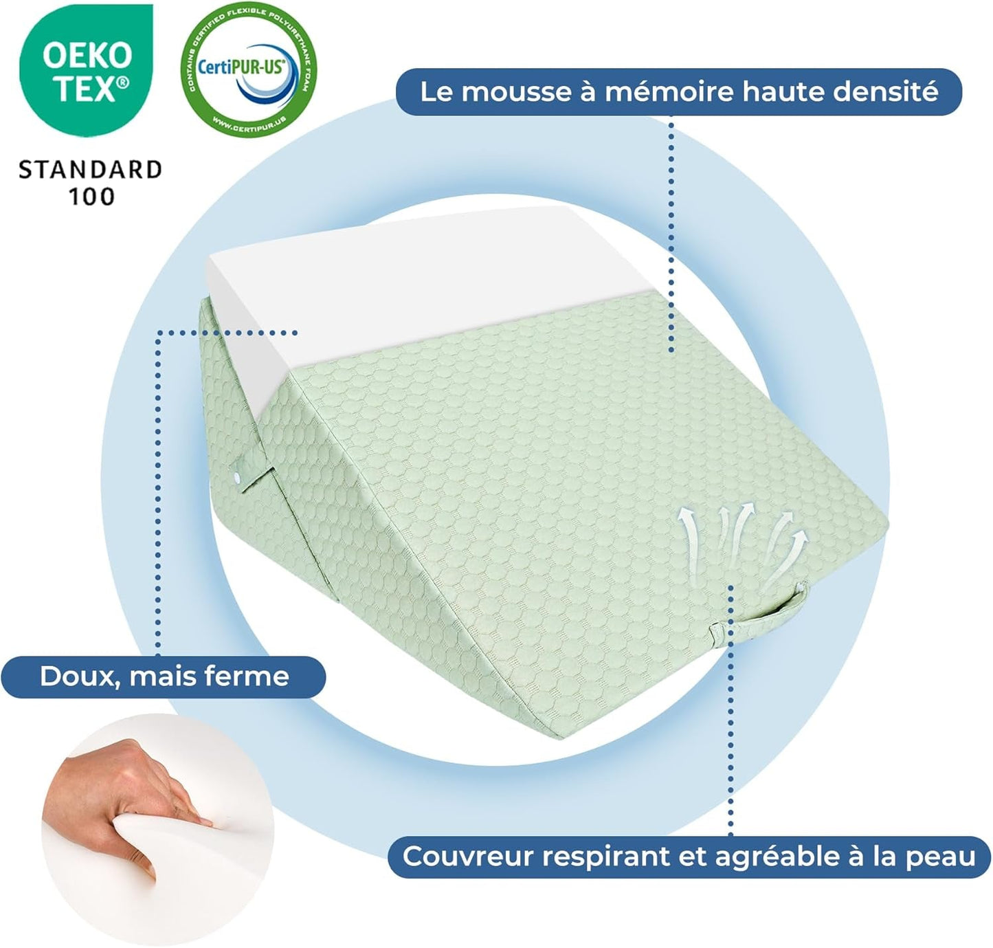 INFANZIA Oreiller compensé pour lit, oreiller d'angle, oreiller triangulaire, pliable, mousse à mémoire de forme, apnée du sommeil, reflux acide, élévation des jambes, lecture, vert
