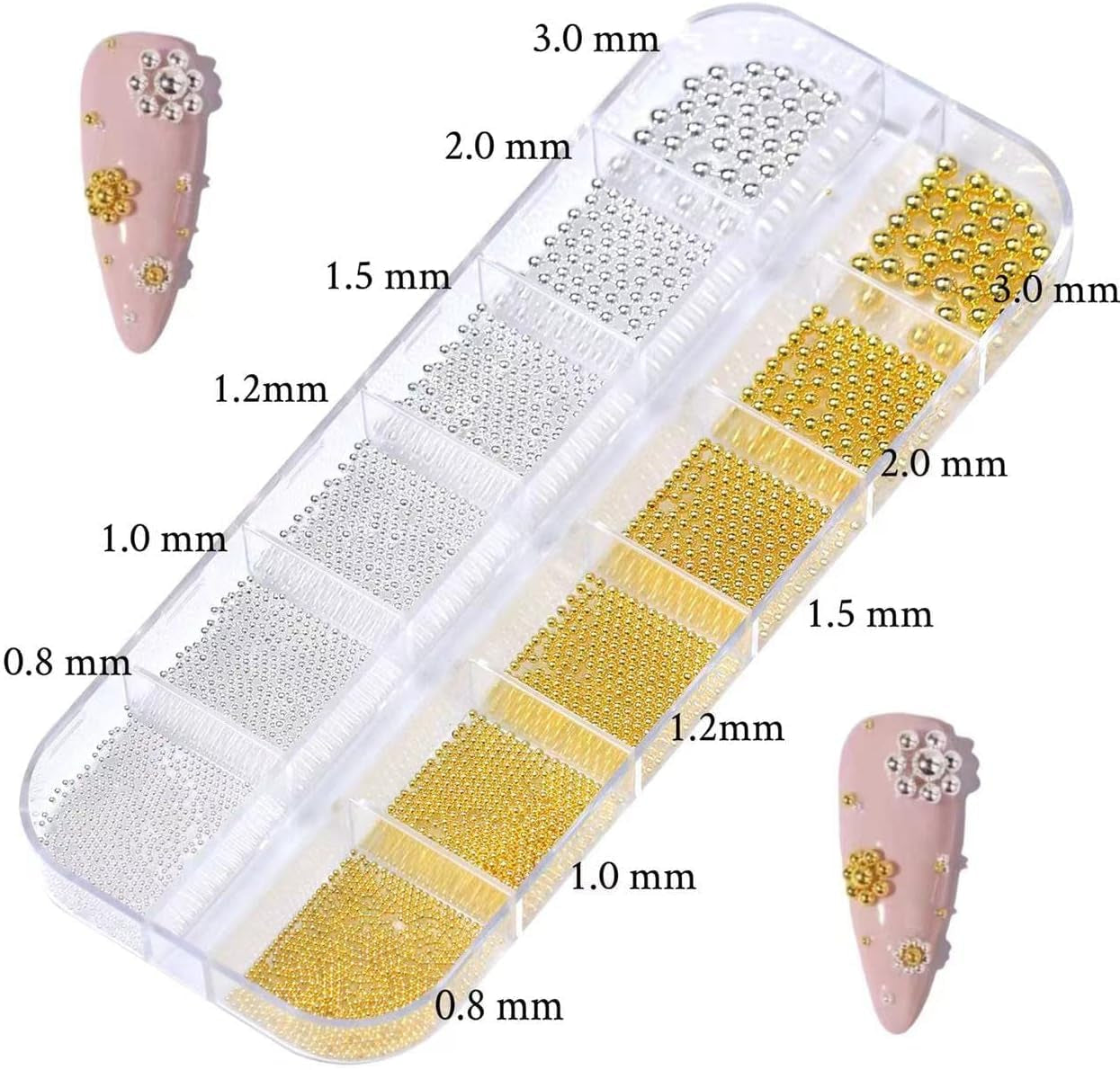 GZMAYUEN Nail Art Perles Micro Caviar pour Nägel, 0.3-3Mm Argent Doré Mini Caviar Strasssteine, Weiß Beige Mini Nägel Perlen Microperlen Décoration pour Nägel