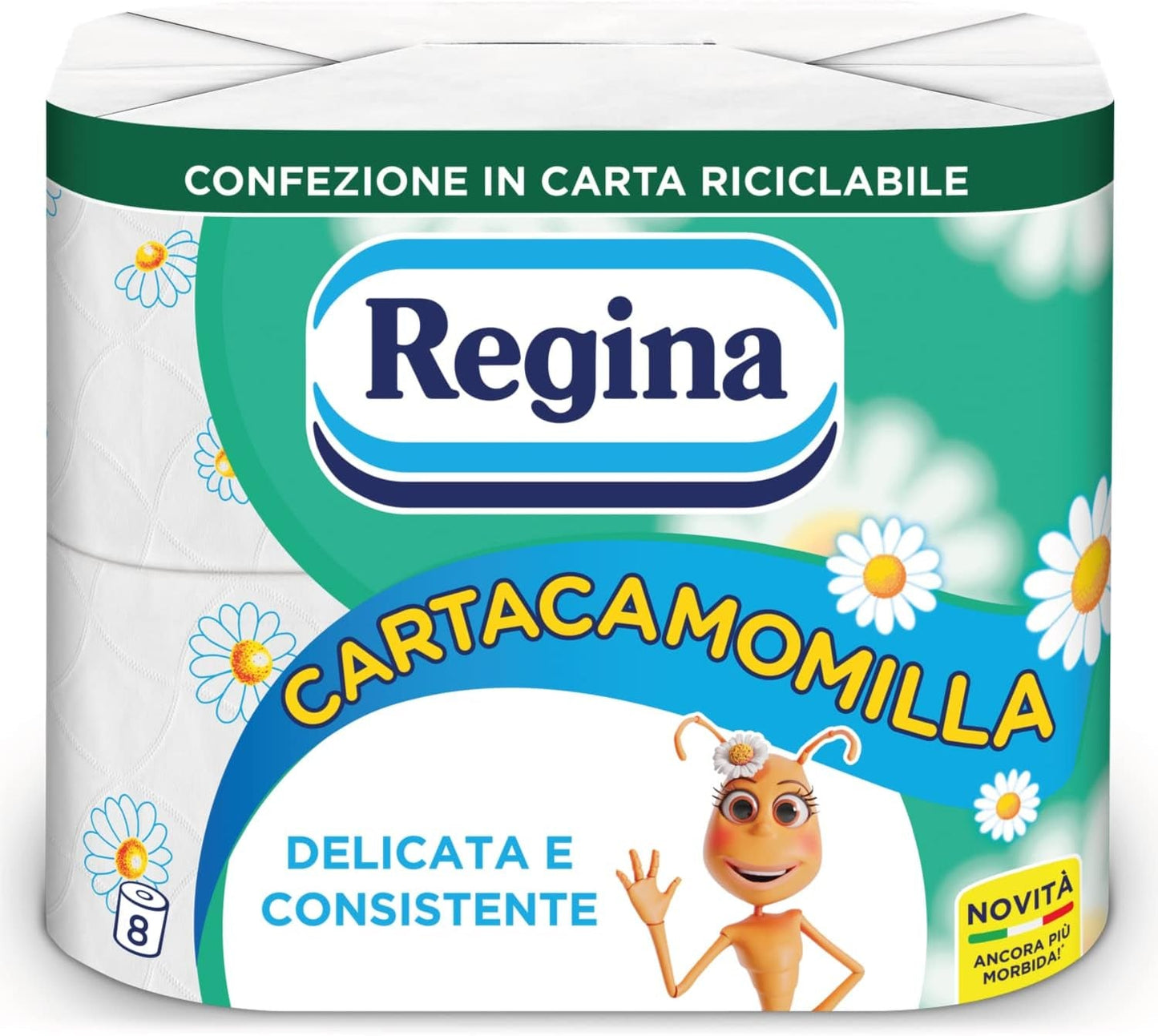 Regina Cartacamomilla - 8 rouleaux de papier toilette, 300 feuilles moelleuses, 3 épaisseurs, doux et ferme, emballage en papier recyclable