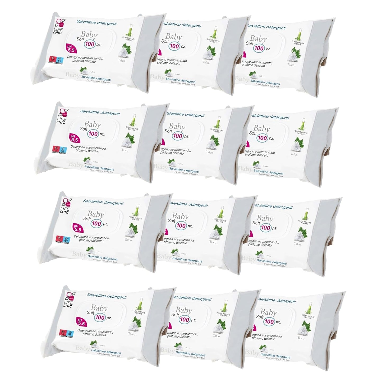 Lingettes pour bébé avec talc pour peaux sensibles, sans alcool, respectueuses de la peau, pH 5,5, légèrement parfumées, 1200 unités (paquet de 12)