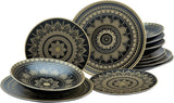 CreaTable, 23588, Série MANDALA GOLD - Noir, Service de table 12 pièces, Service d'assiettes en porcelaine, Passe au lave-vaisselle et au micro-ondes, Fabrication de qualité